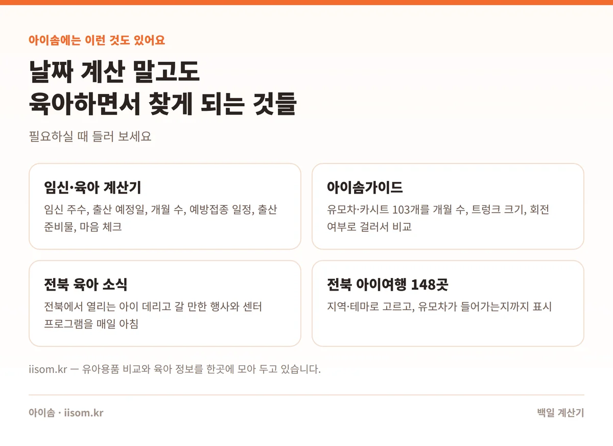 아이솜 육아 도구 — 계산기, 유모차 카시트 비교, 전북 육아 소식, 아이여행