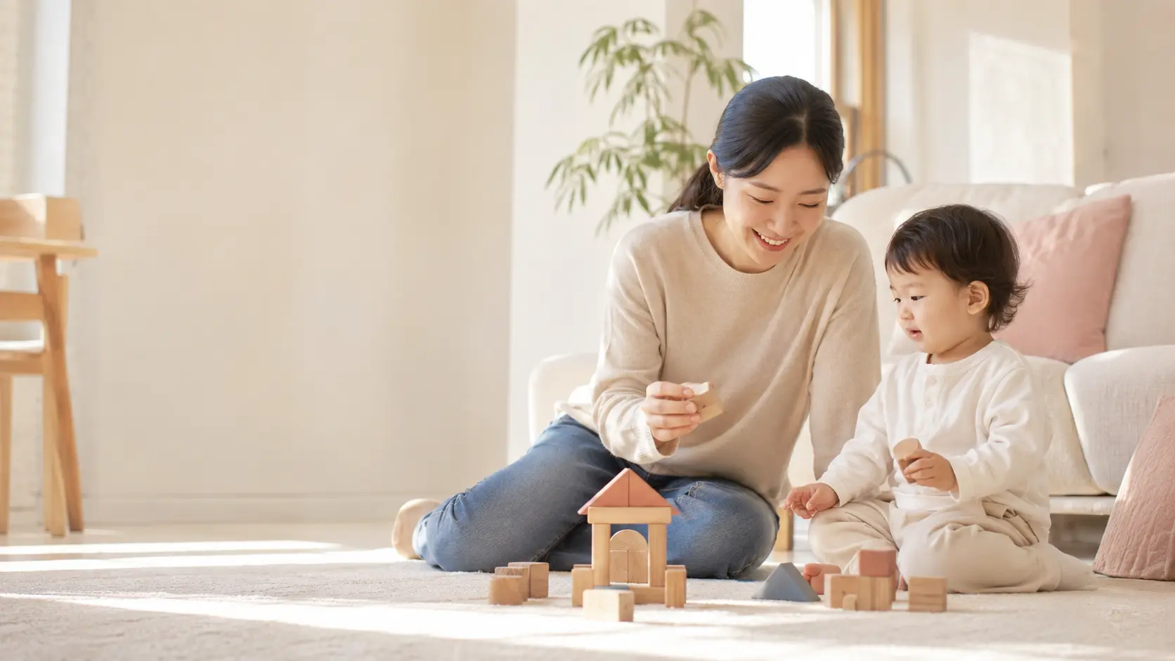 아이와 블록 놀이를 하는 엄마