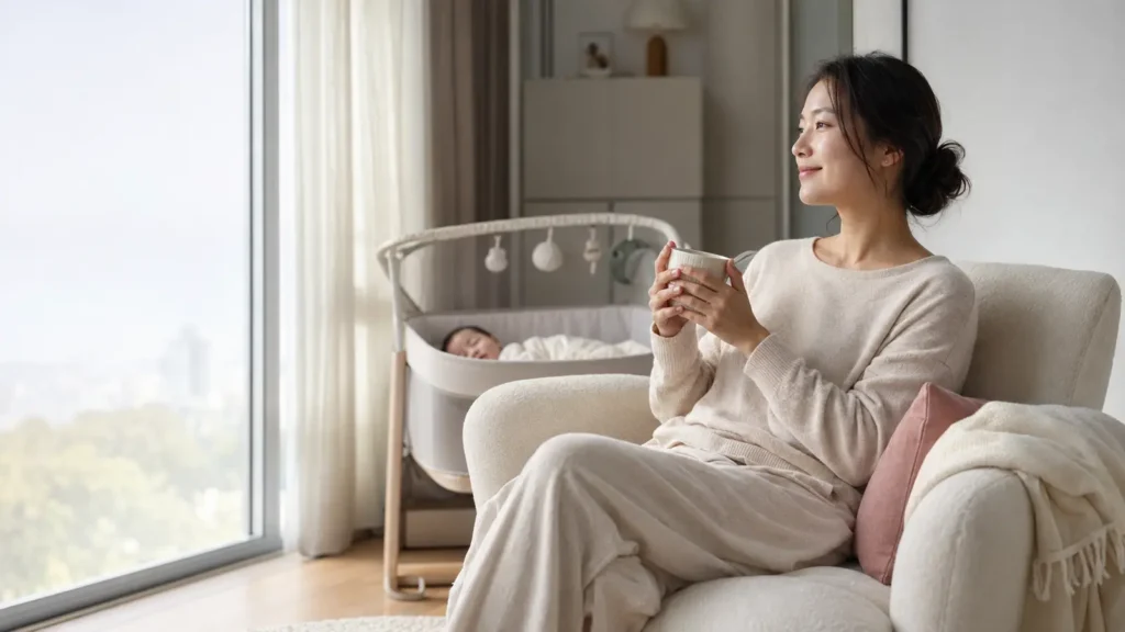 아이가 잠든 동안 잠시 쉬는 엄마의 모습