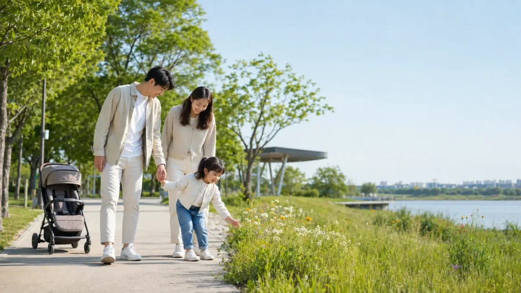 공원에서 아이와 산책하는 가족의 모습