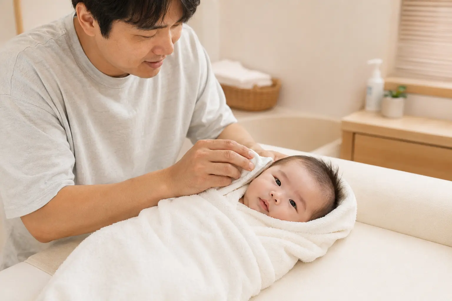 목욕 후 수건으로 아기 바깥귀를 말리는 아빠