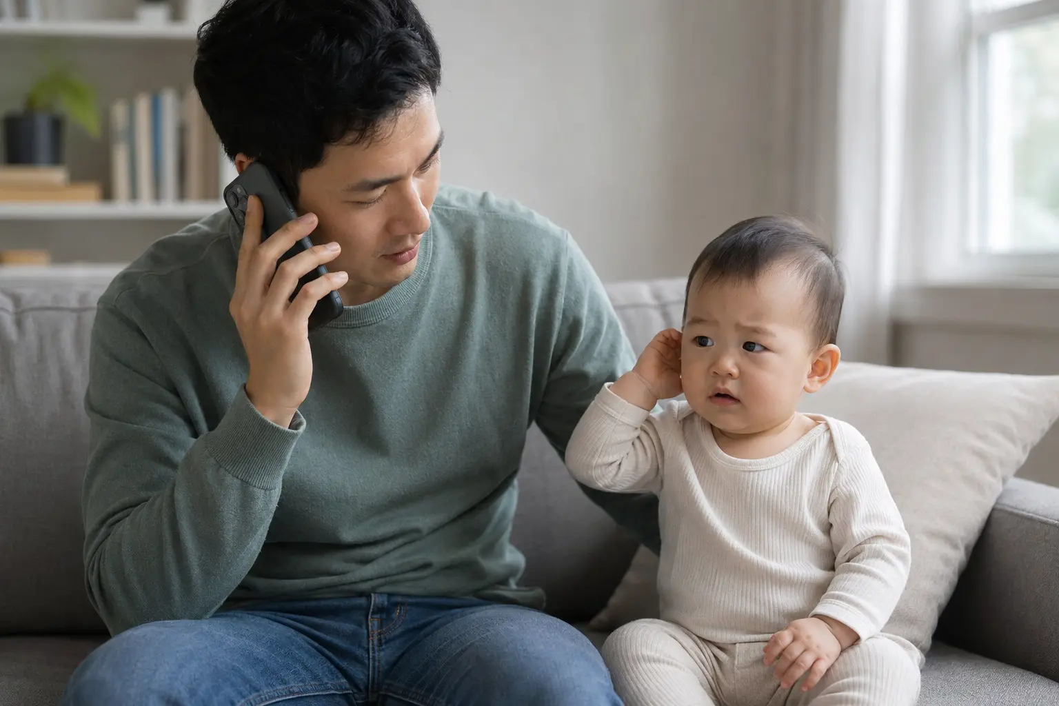 아기 귀 증상을 살피며 병원에 전화하는 보호자