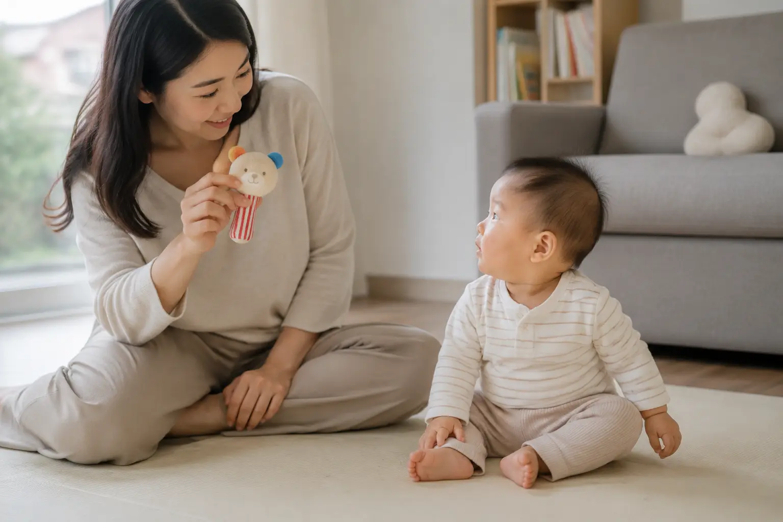 부드러운 소리에 반응하는지 살펴보는 아기와 엄마