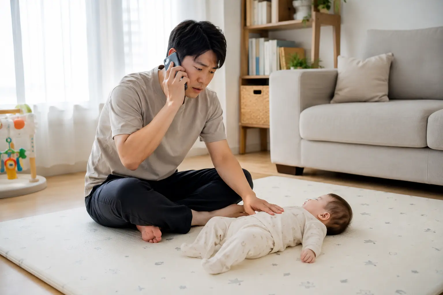 아기 상태를 살피며 소아청소년과에 전화 상담하는 아빠