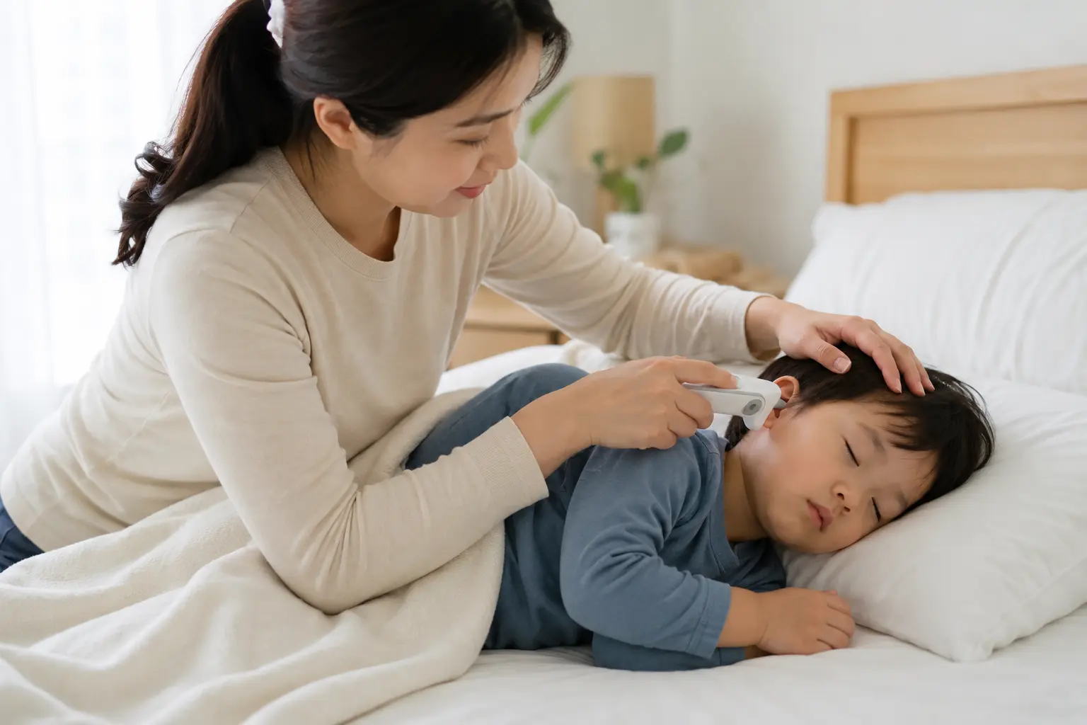 귀 체온계로 아이의 체온을 확인하는 엄마