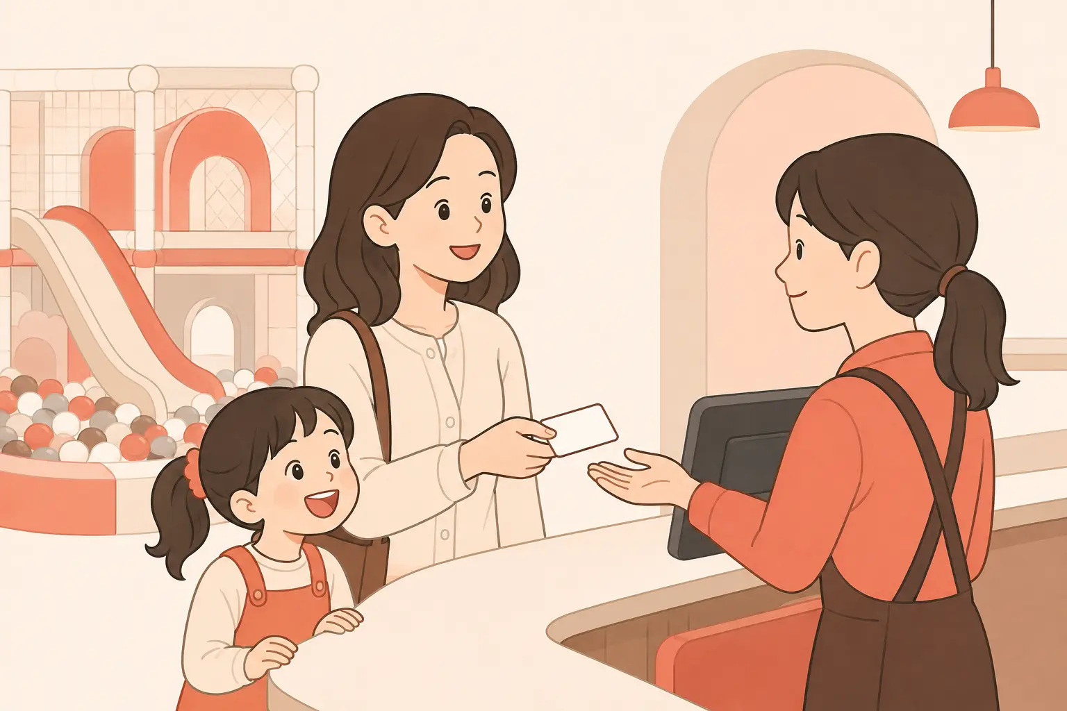 문화누리카드로 실내 놀이시설 입장료를 결제하는 엄마와 아이 일러스트