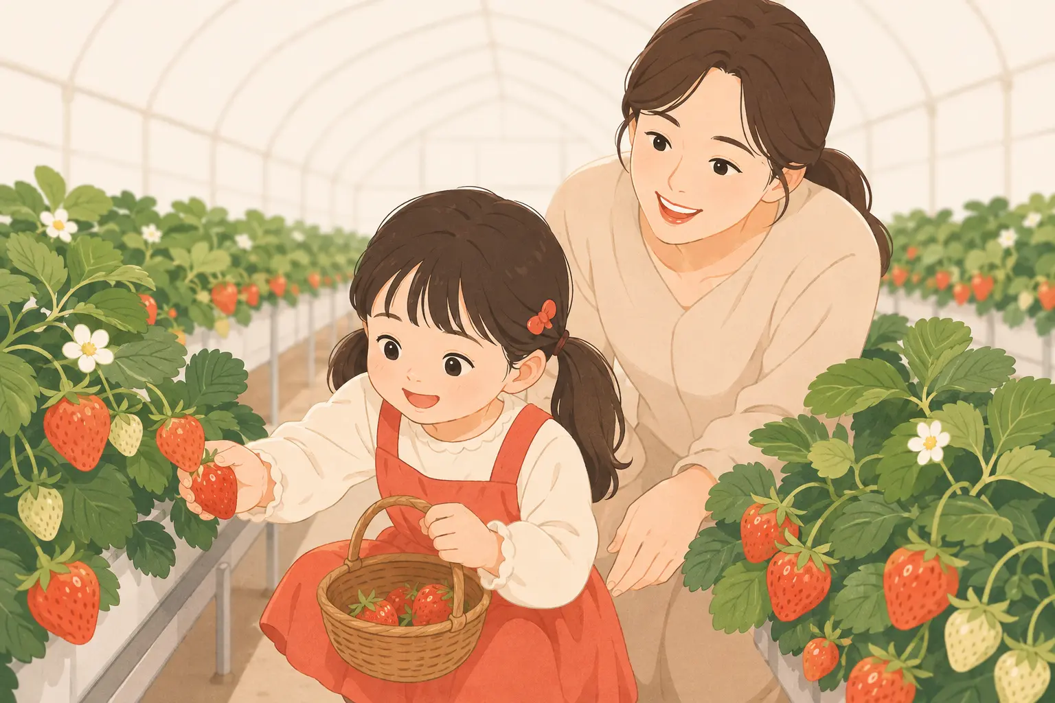딸기 체험농장에서 딸기를 따는 아이와 엄마 일러스트