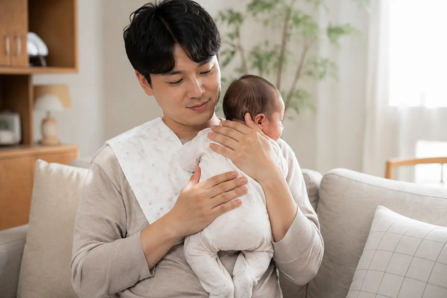 분유 수유 후 신생아 트림을 돕는 아빠
