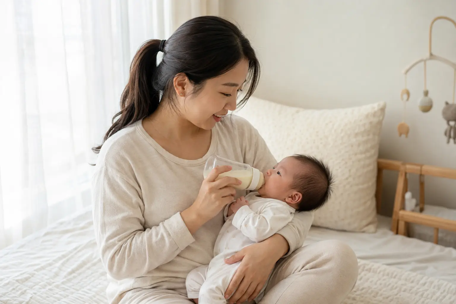 신생아 분유량 계산법을 확인하며 젖병으로 수유하는 엄마