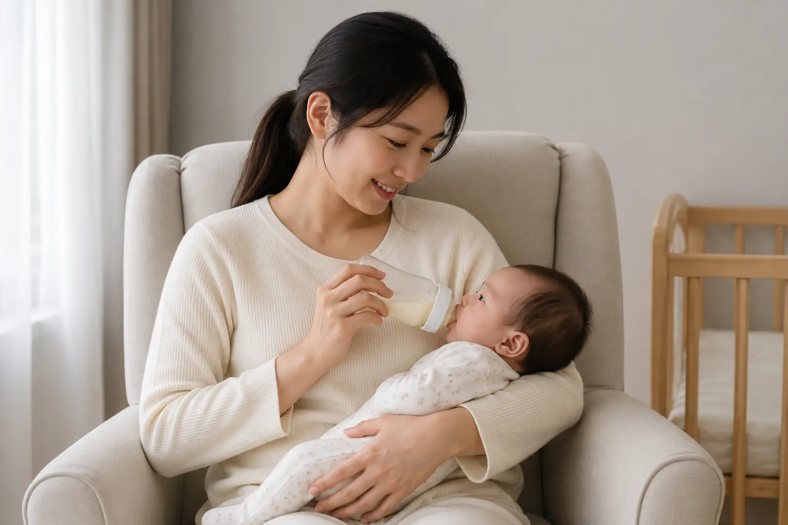 올바른 자세로 신생아에게 젖병 수유하는 엄마