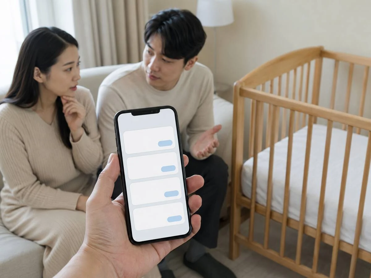 휴대폰 화면에 이름 후보 목록을 띄워 놓고 아기 침대 옆에서 함께 보는 부모