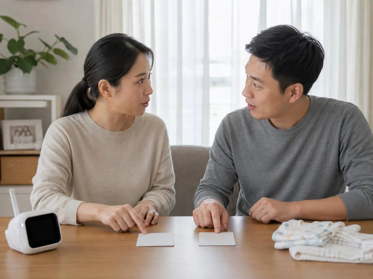 식탁에 이름 후보 카드 두 장을 나란히 놓고 성과 붙여 읽어 보며 이야기하는 부부