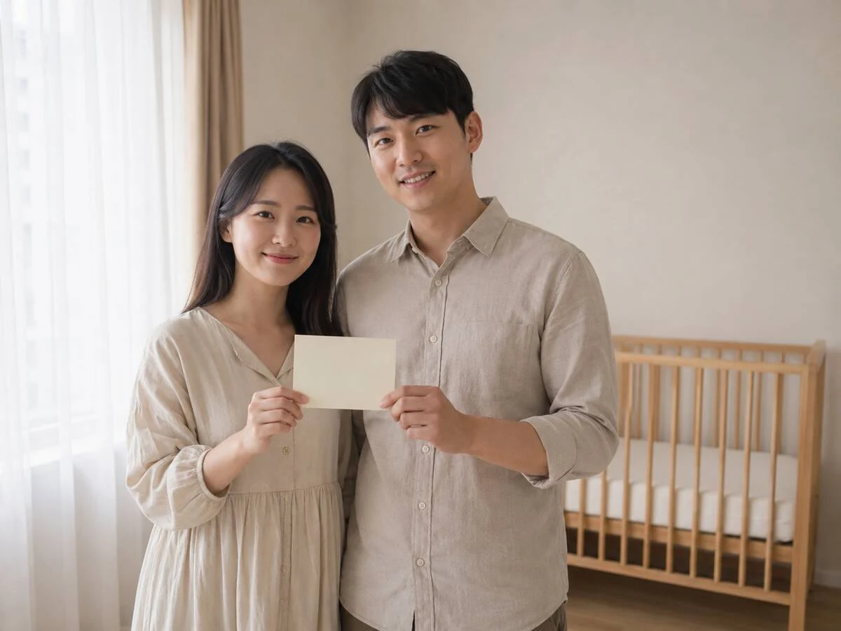 아기 방에서 이름을 적은 카드를 함께 들고 웃는 예비 부모